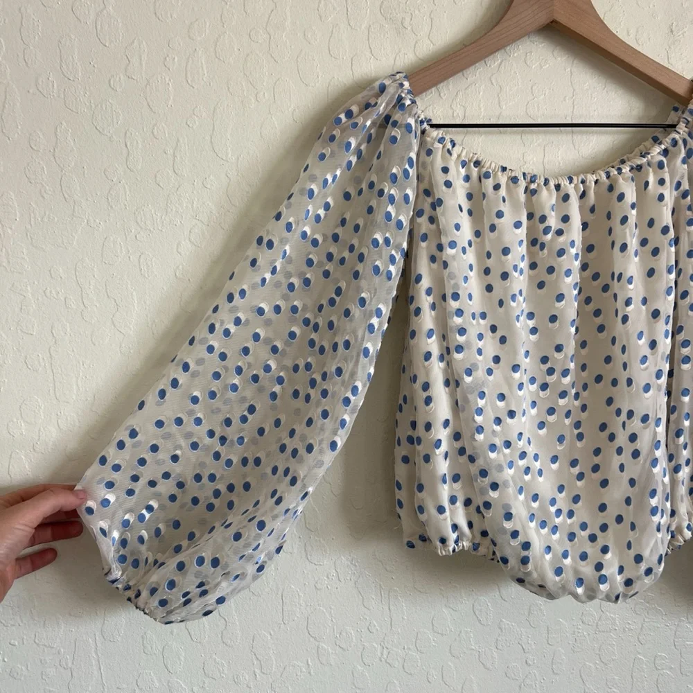 Lovers + Friends Oh Girl Off The Shoulder Sheer Sleeve Blouse Small Polka Dot